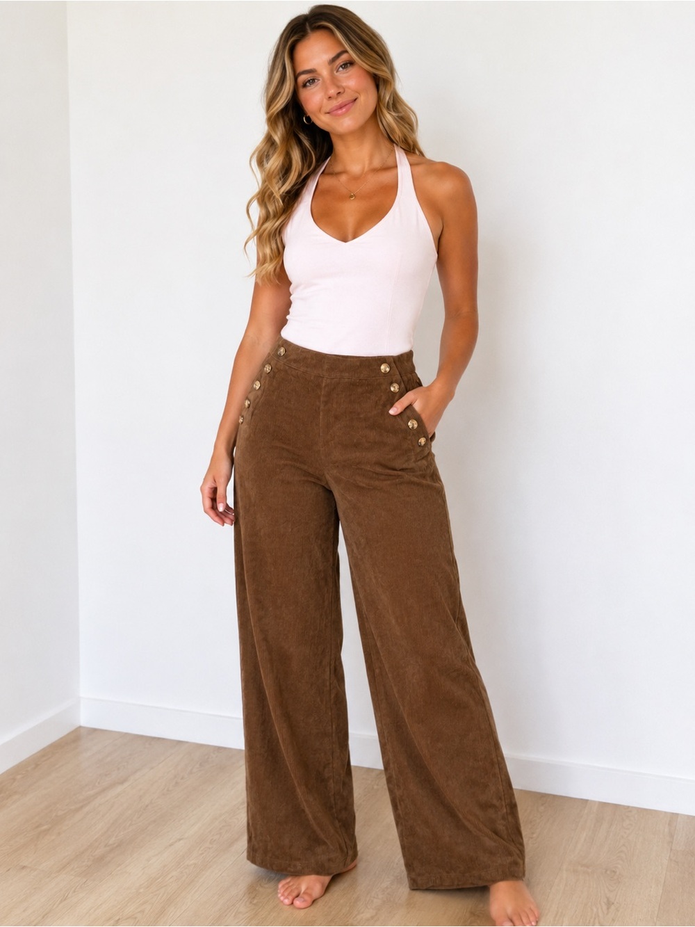 HALARA Brown Wide-Leg Corduroy Pants with Gold Buttons - Picture 1 of 6